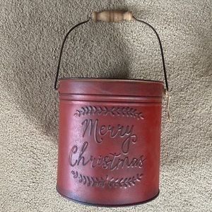 Country Red Merry Christmas Bucket with Wood Handle